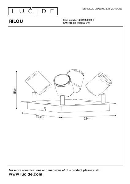 Lucide RILOU - Foco de techo - LED Regul. - GU10 - 4x5W 3000K - Blanco - técnico